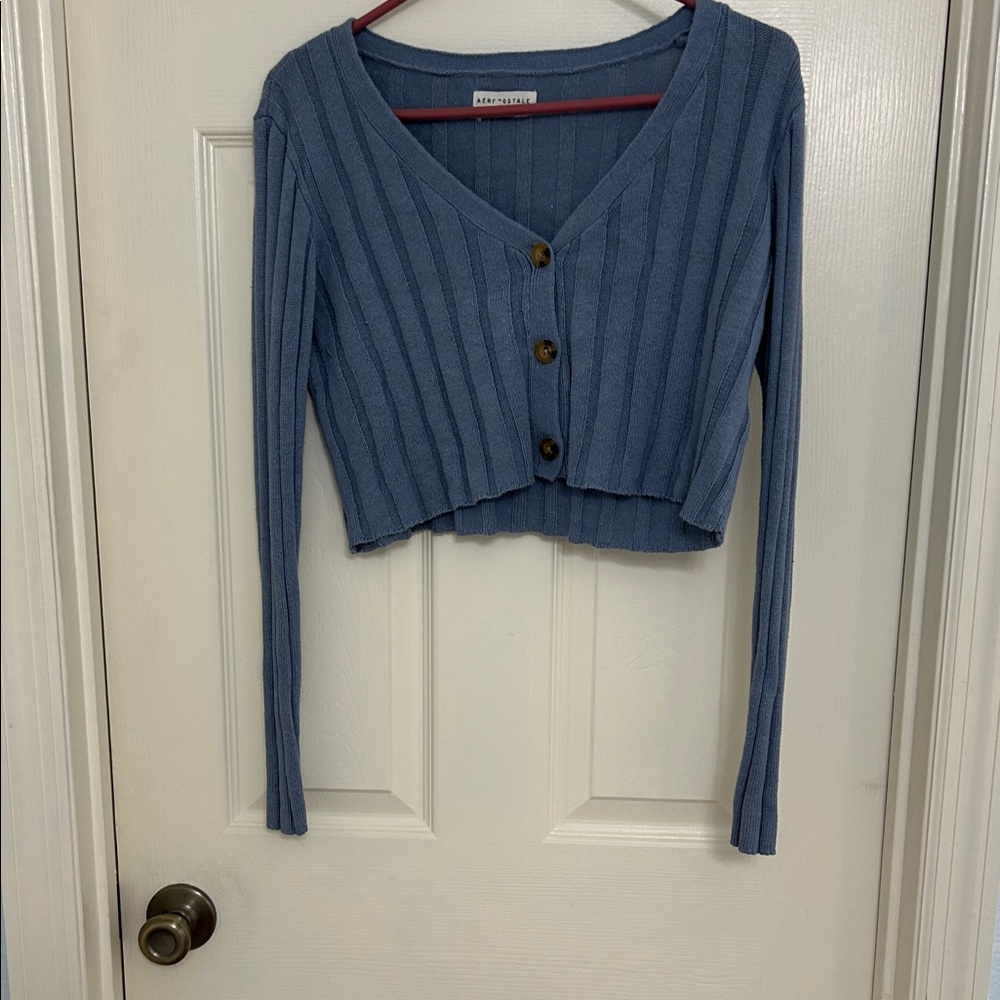 Aeropostale Dusty Blue Ribbed Cropped Cardigan